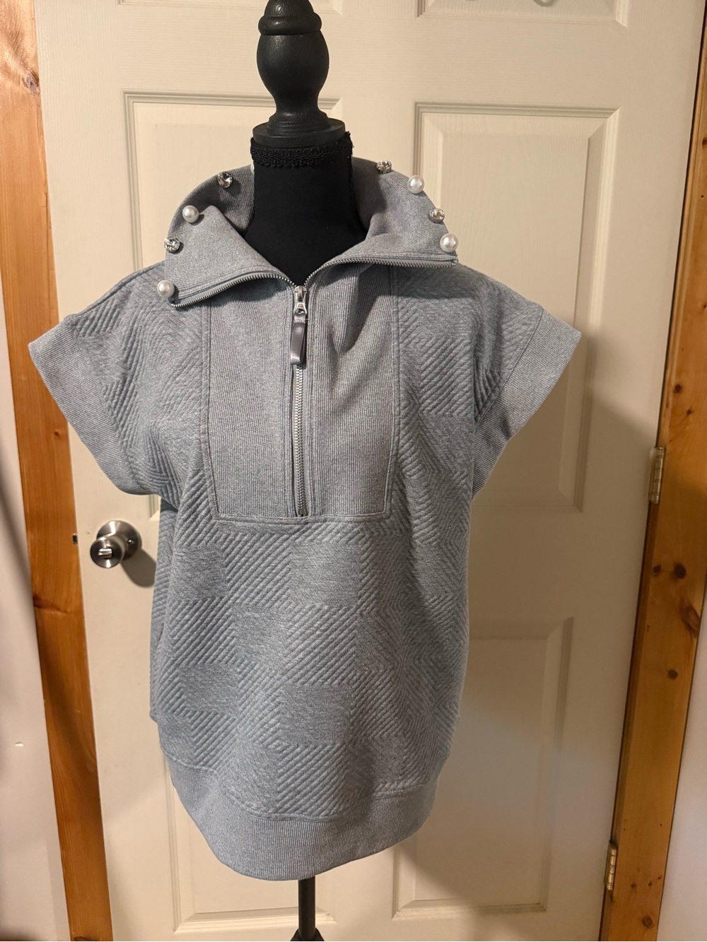 Simply Southern Gray Half-Zip with Embellished Collar Accents, Size L